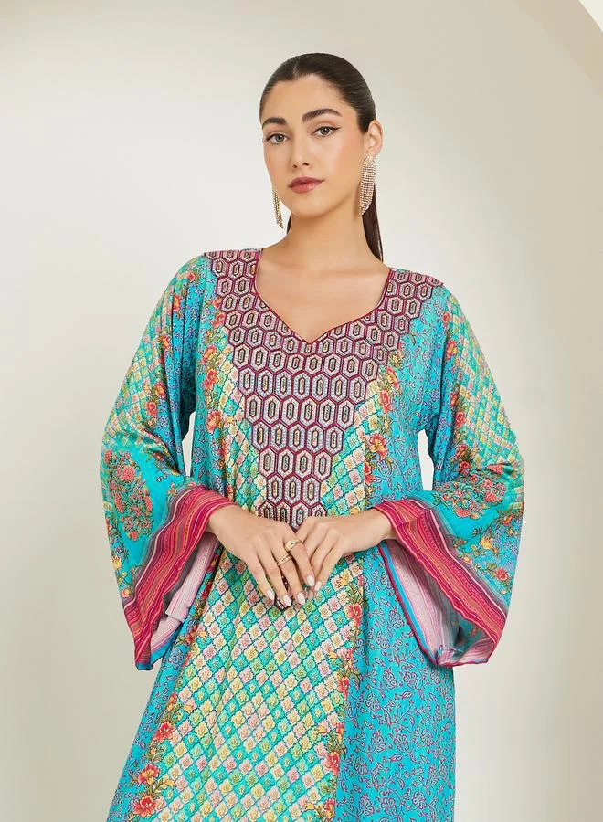 Blue Printed A-Line Jalabiya